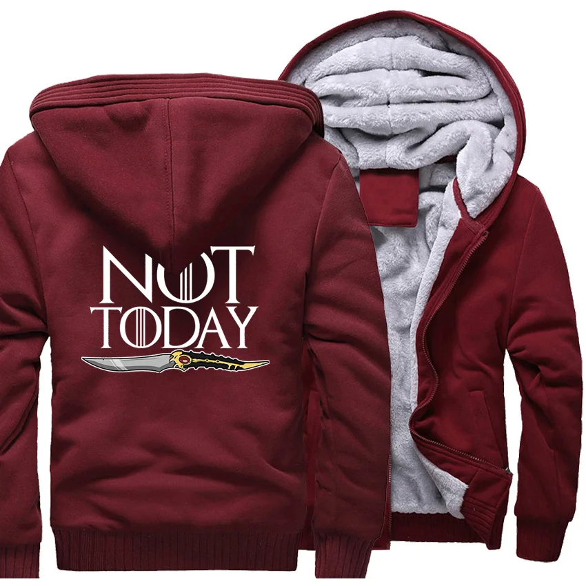 NOT TODAY Print Hoodies Men Thick Sweatshirts Fleece Coat Winter Warm Zipper Jackets Sportswear game of Thrones Loose Tops - Цвет: wine red 6