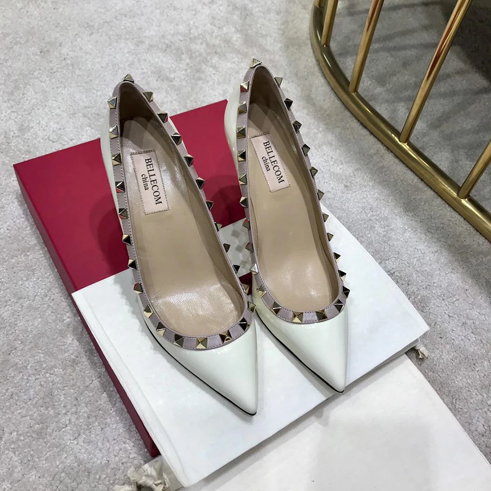 

SONFRNCH 2019 Autumn New Type Female Leather Tip Riveted High-heeled Slim-heeled Sexy Single Shoes