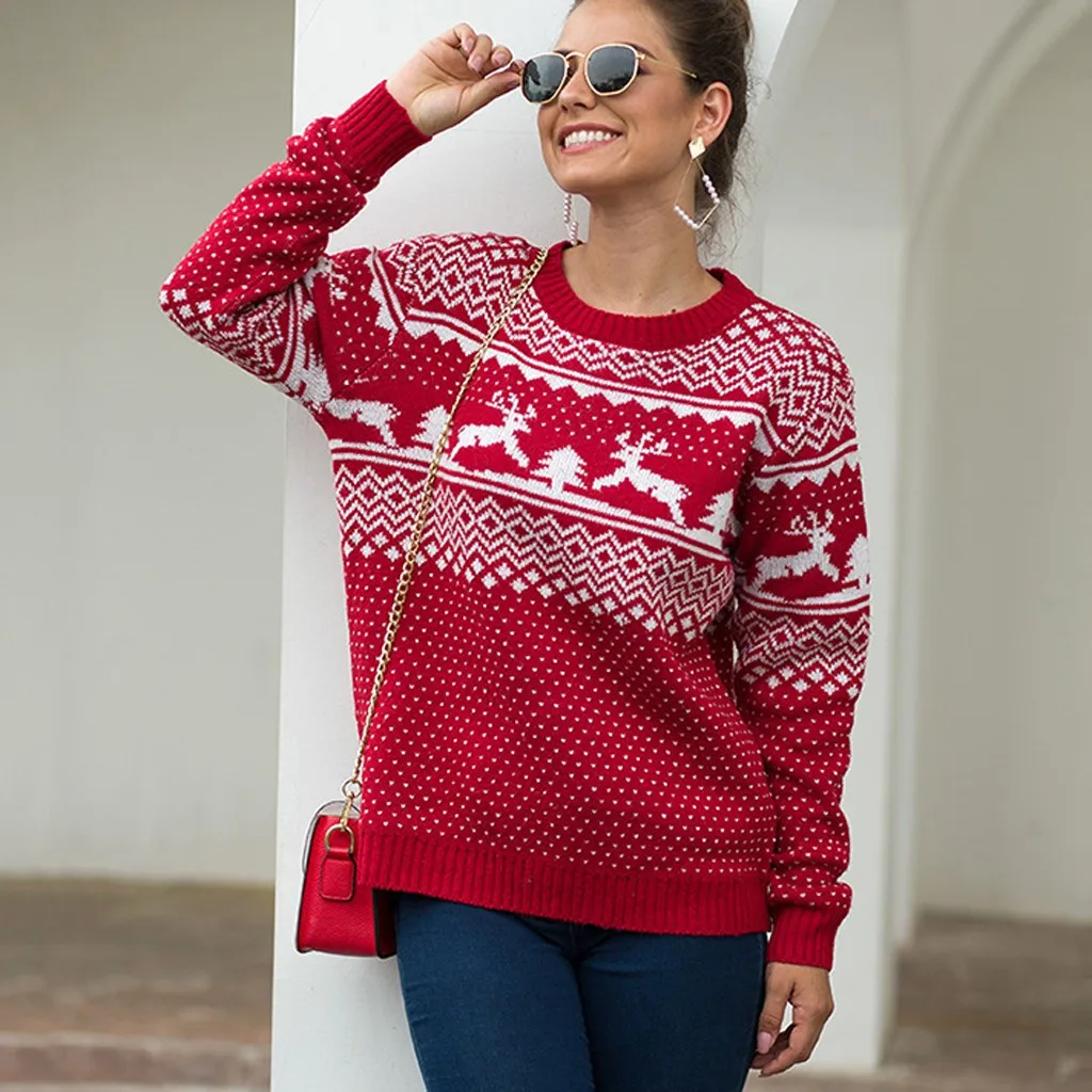 Женский Рождественский зимний свитер, вязаные пуловеры, Повседневная модная женская осенняя одежда с длинными рукавами и круглым вырезом, уличная одежда sueter mujer z0913 - Цвет: RD