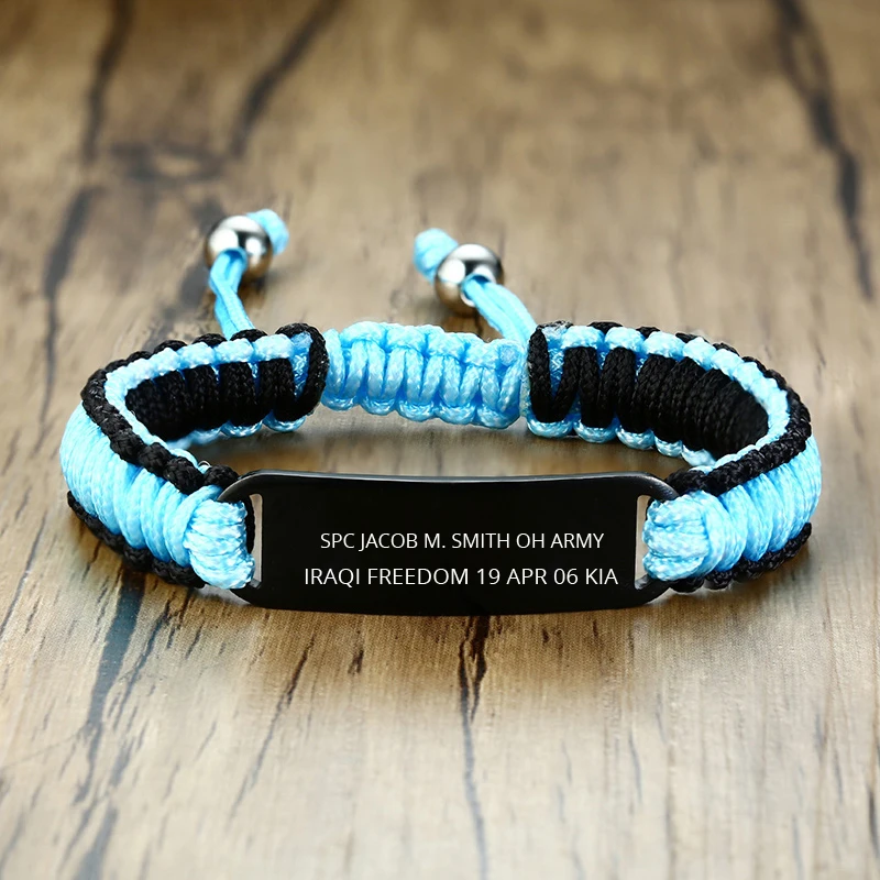 

Handmade Braided Rope ID Mens Bracelet Personalized Stainless Steel Army Paracord Message Adjustable Chains Free Engraving