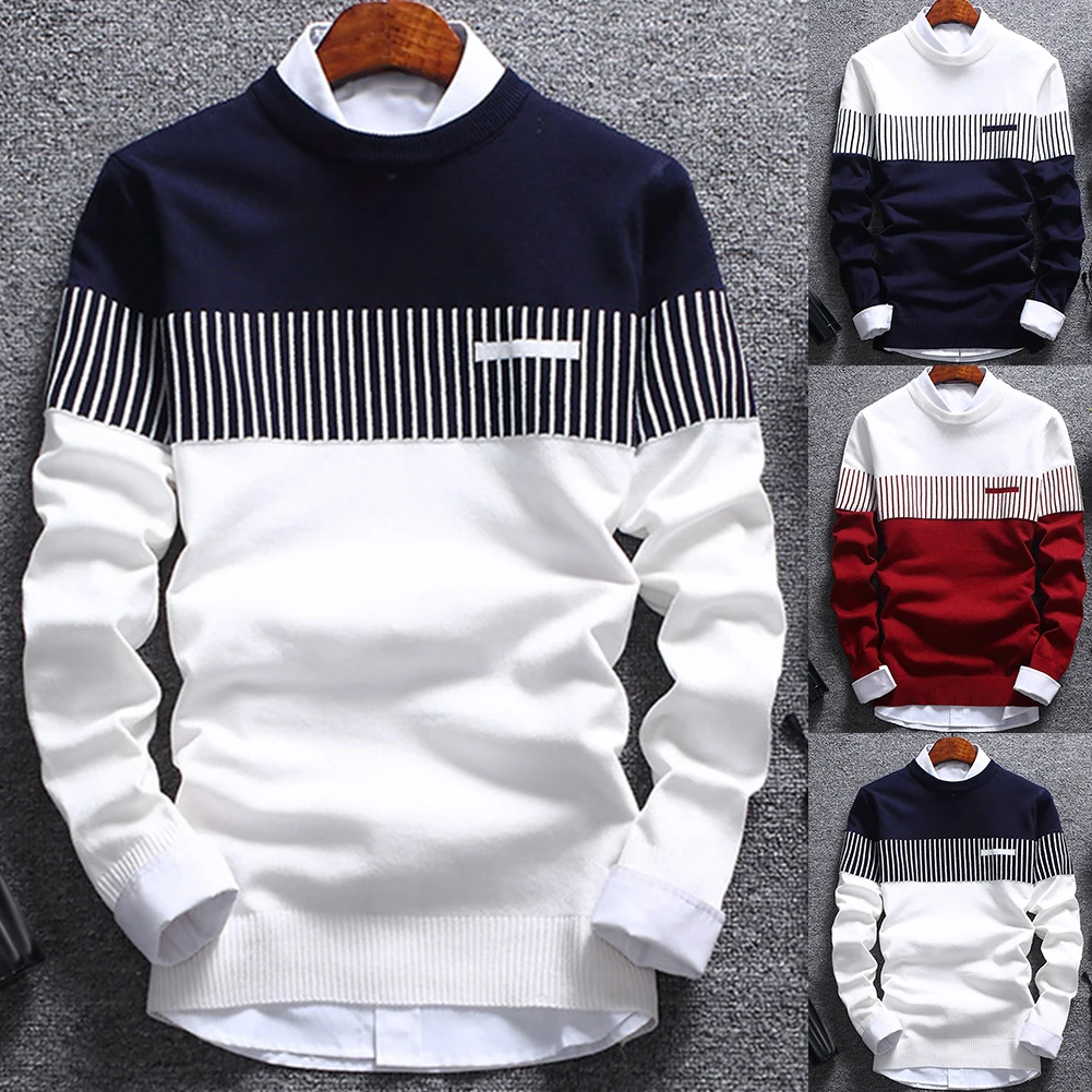 mens christmas sweater Fashion Men striped Sweater pullover Color Block Patchwork O Neck Long Sleeve Knitted Sweater Top Blouse For Warm Men's Clothing mens turtle neck jumper