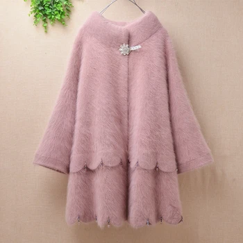 

New Japanese-style sweet beauty raw coat sigle buttoned ruffled angora rabbit fur knitted sweater coat cardigans winter clothes
