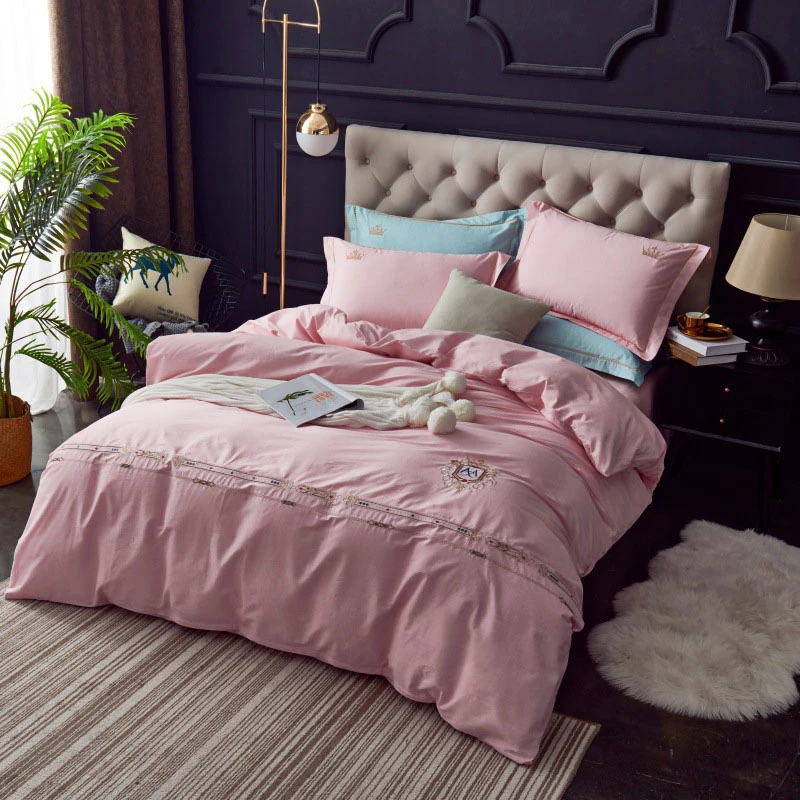 

Yimeis Bed Linen Set Cotton Solid Color Luxury Bedding Set Embroidery 8 Colors Comforter Bedding Sets Pink