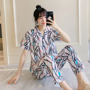 

Summer Sleep Lounge Pijama for woman short sleeve Top + Long Pant Woman Pajama Set Cartoon Pyjamas silk Sleepwear ladies PJS