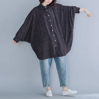 

SuperAen New Autumn and Winter Shirt Plus Size Loose Bat Sleeve Striped Cardigan Blouse Women