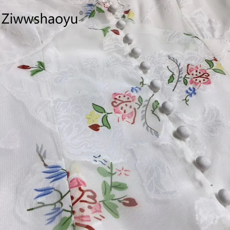 Ziwwshaoyu сексуальный V воротник цветочный принт жаккард Вышивка фонарь рукав однобортный осень зима белые мини платья для женщин