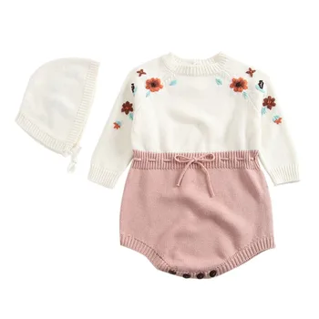 

New Fashion Baby Girls Knit Bodysuits+Hat 2Pcs Suit Triangle Bodysuit Newly Autumn Winter 2019 Newborn Jumpsuit Hat Set Hot 0-3Y