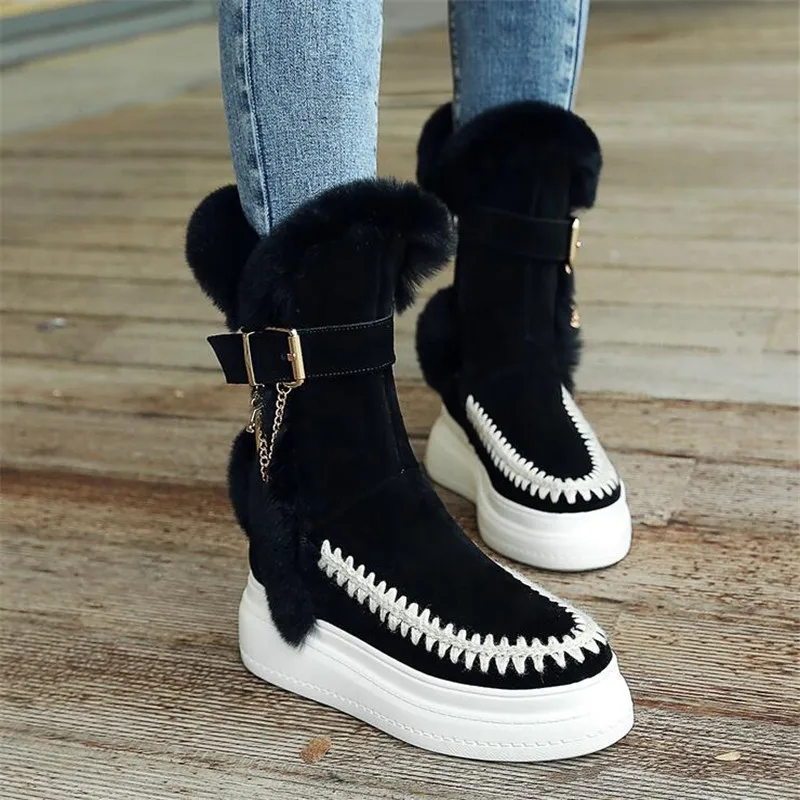 Black Winter fur trim embellished snow boots female rabbit fur flat platform warm boots ankle long shoes women - Color: Black