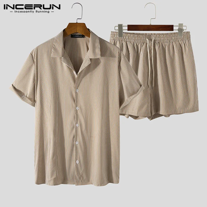 Hot Item Shirt Shorts Hawaiian 2pieces Suits Striped-Sets Vacation Streetwear Incerun Men Casual dmx5MnNXeWb