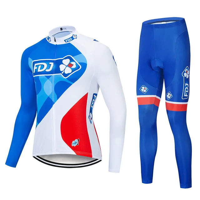 Hombres FDJ Pro equipo de manga larga de ciclismo jersey de bicicleta pantalones largos conjunto transpirable ropa ciclismo - Цвет: 1