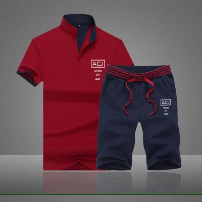 

Sportsuits Set Men 2018 Brand Fitness Suits Summer ACJ Top Short Set Mens Stand Collar Fashion 2 Pieces T-shirt Shorts Tracksuit