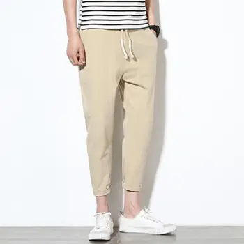 

Men Casual Solid Color Waist Drawstring Long Trousers Loose Cotton Harem Pants Men's pure color lace-up casual pants day style