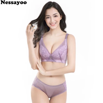 

Women Sexy UnderWire Vest Shape Bra and Panties Set Push Up Lace Bra Set Back 5 Hooks Wide Bra and Transparent Underwear Set