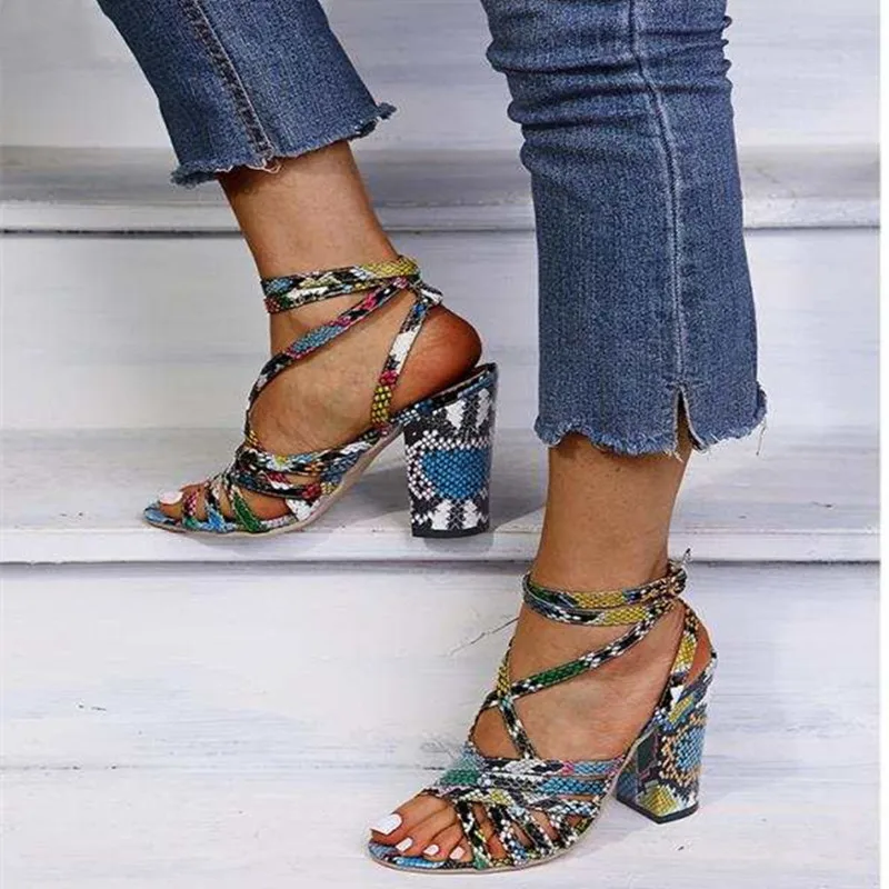 Gladiator Sandals Woman Summer Vintage Snakeskin Women Lace ladies Shoes Peep Open Toe Sandals Pumps Sexy Plus Shoes Size