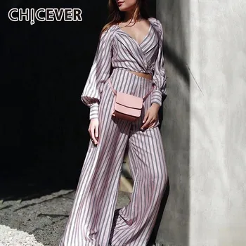 

CHICEVER Striped Print Women Suit Lantern Long Sleeve V Neck Bandage Short Tops High Waist Wide Leg Pants Two Piece Set Summer