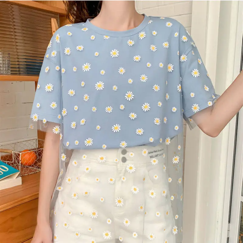 Korean Fashion Sweet Mesh Daisy T-shirt for Women Ins Loose Girl Student Joker Tops 2020 Summer Short Sleeve Streetwear Clothing