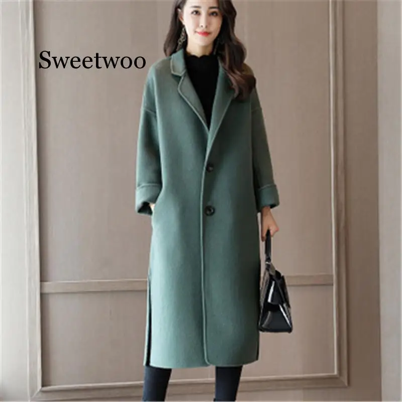 

Высококачественное двухстороннее шерстяное кашемировое пальто Sweetwoo, женское длинное Свободное пальто на осень и зиму