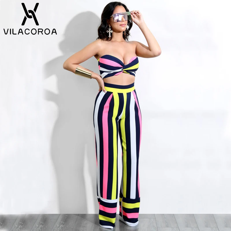 

NEW Sexy Chest-Wrapped Striped Broad-Legged Trousers Women 2 Piece Set Sleeveless Crop Top + Long Pant Women Set ensemble femme