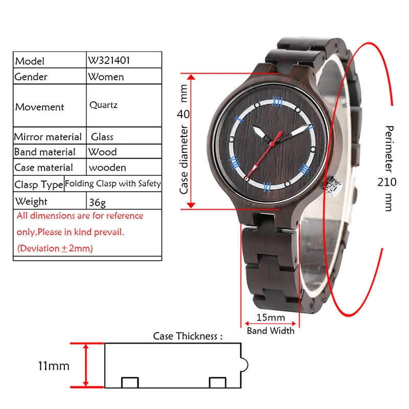 Handmade Ebony Wooden Clock Lady Quartz Analog Watches Luminous Pointers Roman Number Dial Wrist Watch to Women Wood Bracelet