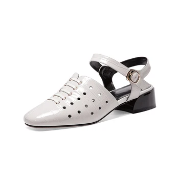 

2020 Elegant Sandals Womens Cut Out Genuine Leather Chunky Square Heel Gladiator Rome Sandals Shoes Woman