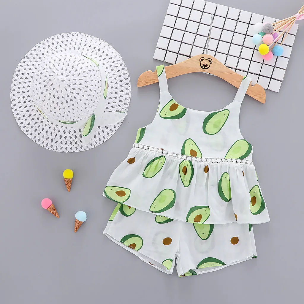 

Summer Baby Clothes Toddler Baby Kids Girls Clothes Mini Sling Top Strap Ruched Avocado Tops Princess Casual Shorts Hat