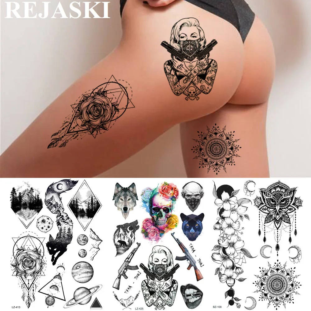 Rejaski Gangsta Girl Ak47 Temporary Tattoos For Women Sticker Death Skull  Flower Wolf Sexy Waterproof Tatoos Art Custom Tattoo - Temporary Tattoos -  AliExpress