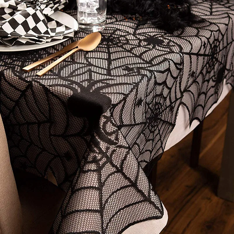 54x72 Inch Halloween Party Decoration Lace Tablecloth Black Spider Web Perfect for Halloween Dinner Parties and Scary Movie Nigh
