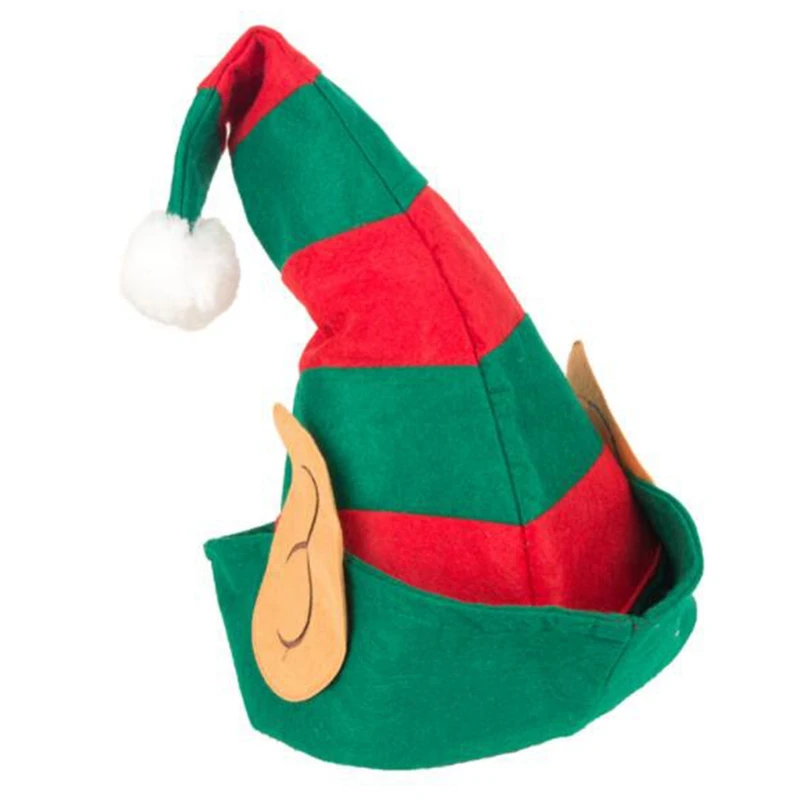 Christmas Elf Hat Adults with Ears Red Green Striped Design One Size Fits Most Non-Woven Elf Hat with Ears