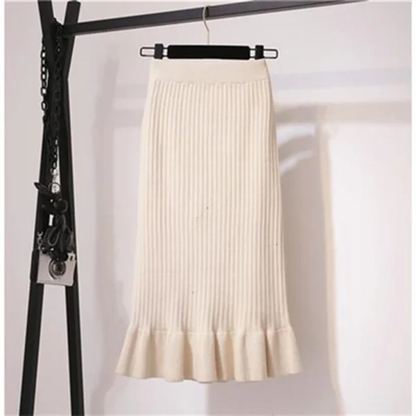 Beige 70cm Женская трикотажная юбка, весна-осень, модная, новая, элегантная, Mermai, однотонная, для девушек, повседневная, юбки, для женщин, s, с высокой талией, свитер, юбка - Цвет: Beige 70cm