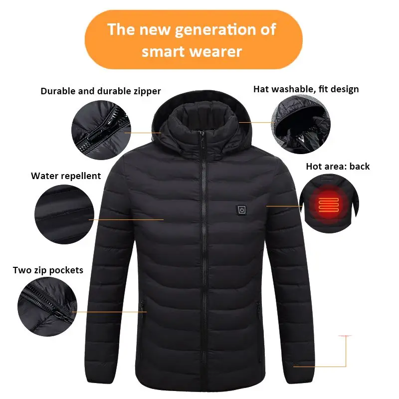 Men 9 Place Heated Winter Warm Jackets USB Heating Padded Jackets Smart Thermostat Pure Color Hooded Heated Clothing Waterproof mens parka coats sale