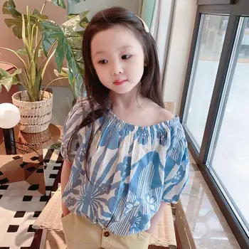 

Girls top 100% cotton Blue printed short-sleeved top round neck comfortable summer t-shirt kids clothes 2020 new t-shirt