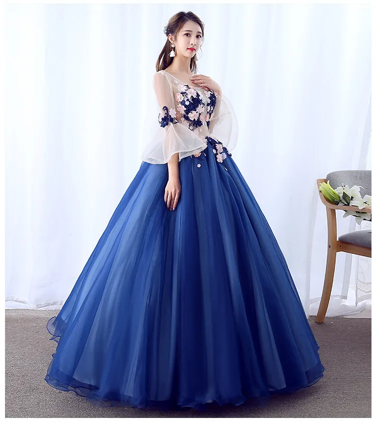 Vestidos De 15 Anos Azul Ball Gowns Sweet 16 Long Blue Flare Sleeve Appliques Girl Quinceanera Dresses For Quinceanera 15 Years