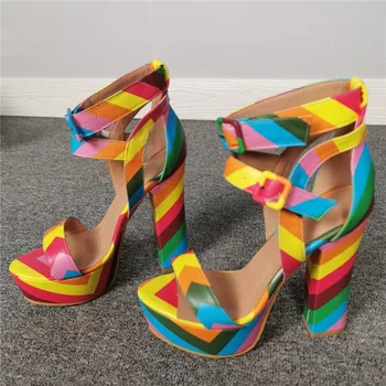 

US4-13 Womens Peep Toe Rainbow Colors Block Super High 15CM Heel Sandals Pumps Ankle Belt Buckle Shoes Plus Size New Sexy B03