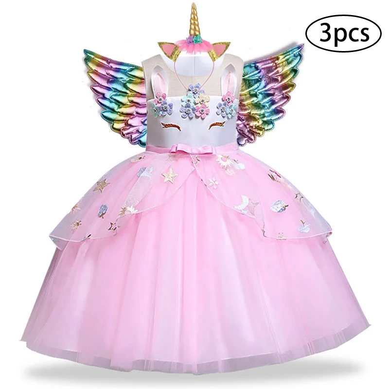 Новое платье для девочек, 3 предмета, Детские платья для девочек, вечерние платья с единорогом, карнавальный костюм на Рождество, детское платье принцессы для 3, 5, 6, 8, 9, 10 лет - Цвет: Pink
