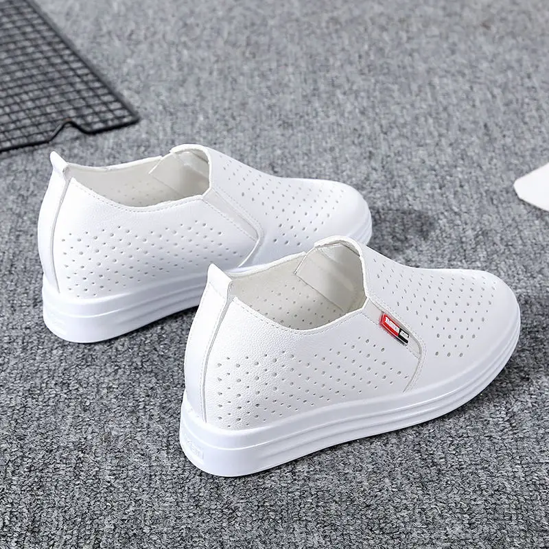 

Spring And Summer Hollow out Breathable White Shoes Women's Elevator Thick Bottomed Versatile Slip-on Mesh Shoes Slanted Heel Sh