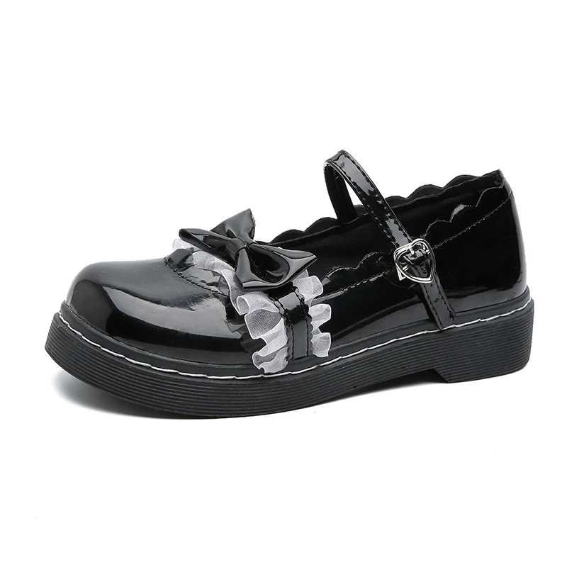 Обувь в стиле Лолиты; Студенческая обувь для девочек; туфли из искусственной кожи с кружевным бантом; туфли Mary Jane на низком каблуке с круглым носком