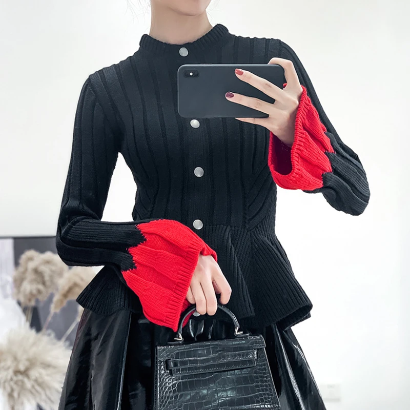 Patchwork Hit Colors Knitting Cardigan Female Flare Long Sleeve Ruffle Hem Sweater Women Elegant Casual Clothing Women Sweaters