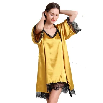 

2020 Spring/Summer New Women Nightdress Two-piece Set Lace V-neck Pajama Silk Satin Nightgown Sleepwear sexy Underwear Set