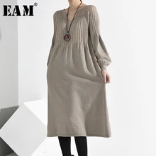 [EAM] Vestido de punto plisado en color caqui para mujer nuevo cuello en V manga larga holgado moda Primavera otoño 20201B84304(China)