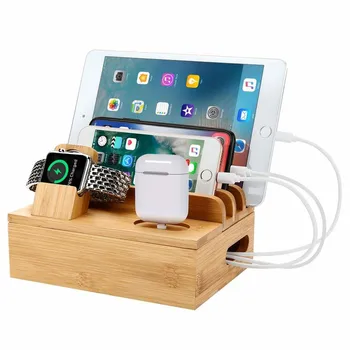 

3in1 Bamboo Wood Desktop Stand for iPhone iPad Tablet Phone Stand Holder Charger Charging Dock Station for Apple Watch/Airpods