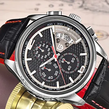 

42mm Pagani black dial Multifunctional quartz watch men's Red leather strap Sports watch