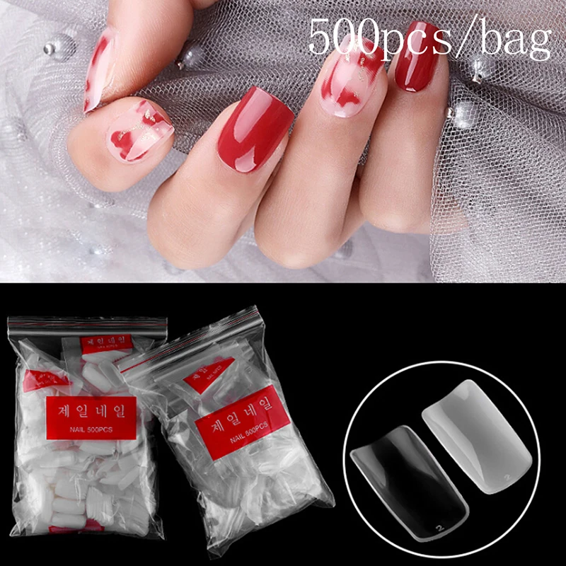 500pcs/Bag Fake False Nail Tips Transparent/Natural Full Cover Nail Art Artificial Acrylic Gel Manicure Set Fake Nail Tips