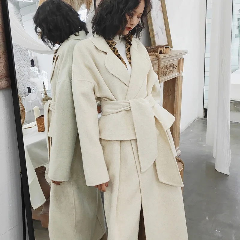 

2019 Autumn Winter Original Gloria&Grace White Loose Oversize Elegant Long Warm Wool Coat Outwear With Belt Haute Couture