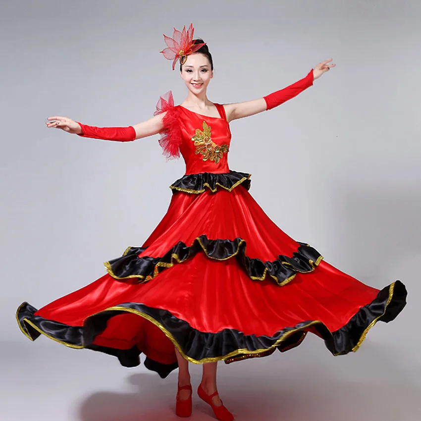 180-720 Degree Adult Female Dress Red Long Flamenco Skirt Performance Spanish Bullfighting Dance Big Swing Skirt Costumes