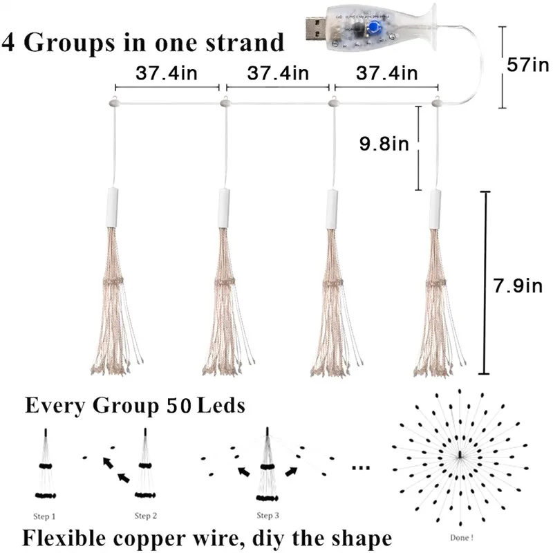 Modos de Suspensão Luz da Corda de Fadas Série Conexão Starburst String Luz Firework Cobre Luzes Natal Controle Remoto 4 Pçs 29 2 suspensão starburst string luz firework cobre luz