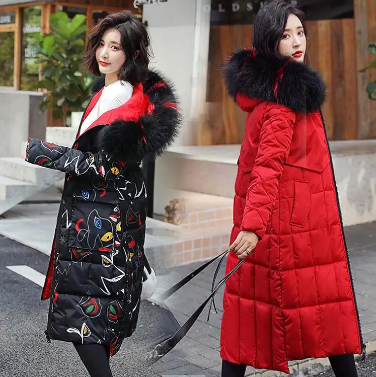 Обе стороны можно носить Новое поступление Женская зимняя куртка с меховым капюшоном длинное стеганое Женское пальто Верхняя одежда парка print - Цвет: Красный