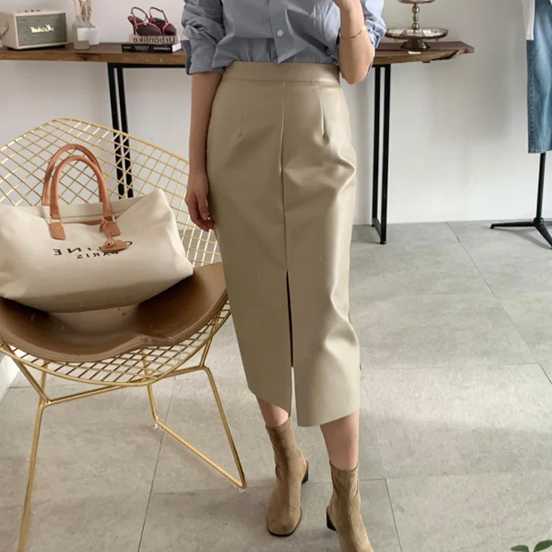Autumn and winter women's skirt casual solid color faux leather | Женская одежда