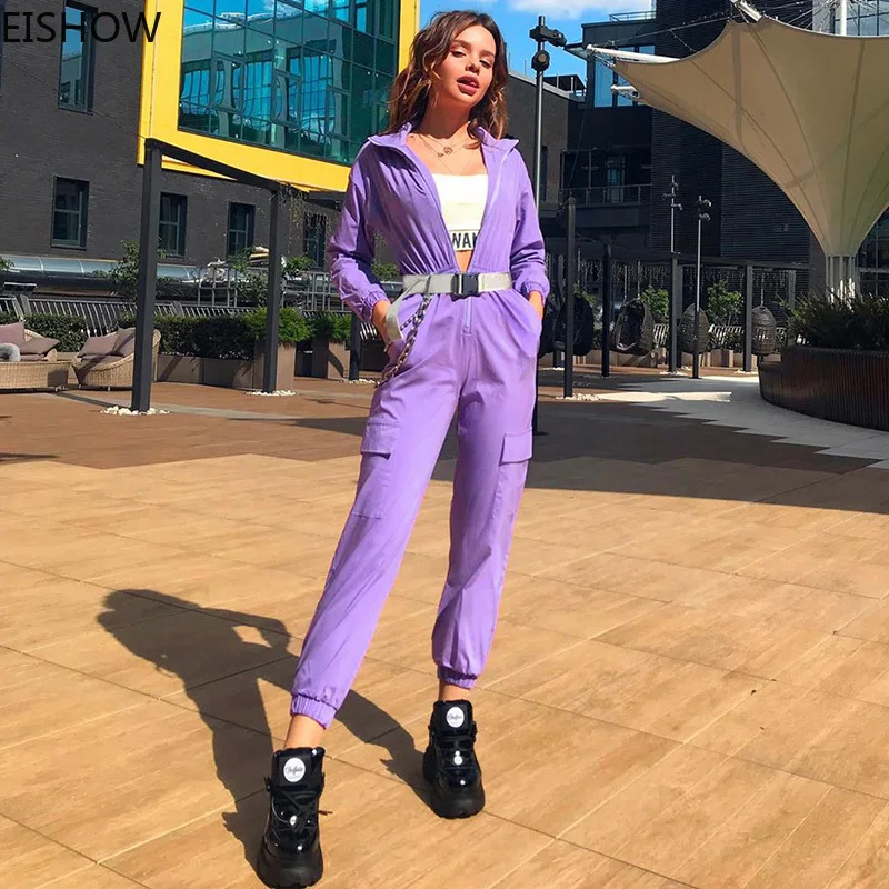 

EISHOW 2019 Buckle Belt Long Sleeve Jumpsuit Autumn Winter Women Streetwear Cargo Pants Overalls Body Festival Streetwear
