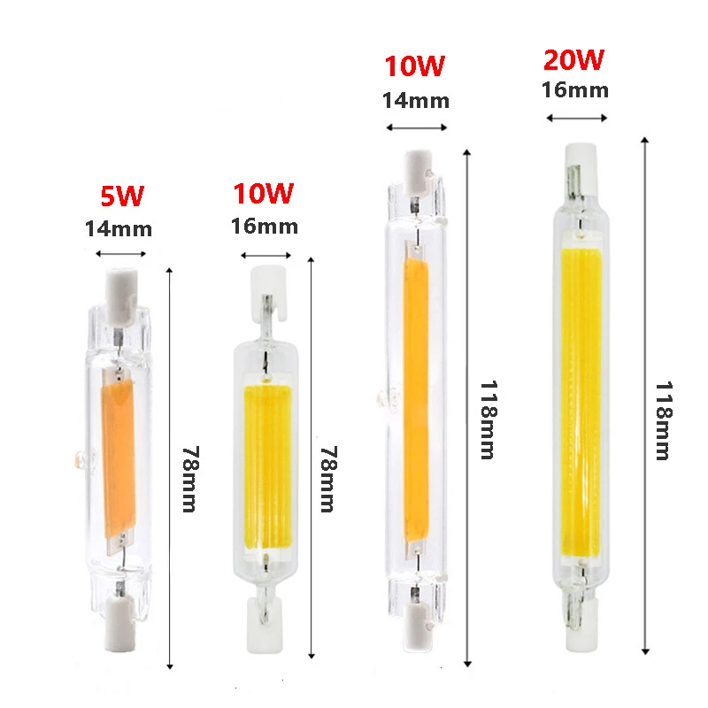 R7S 5W 10W 20W COB Led 램프 디밍 라이트 RGB AC220V 램프 전구, J78MM 118M 189MM 50w 100w 할로겐 투광 조명 교체 5 개/묶음
