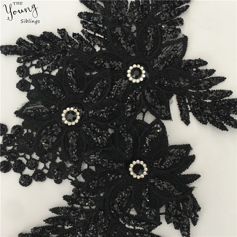 Высокое качество черный кружевной воротник вышивка 3D цветок кружево декольте Стразы отделка блесток аппликация DIY платье аксессуары для рукоделия
